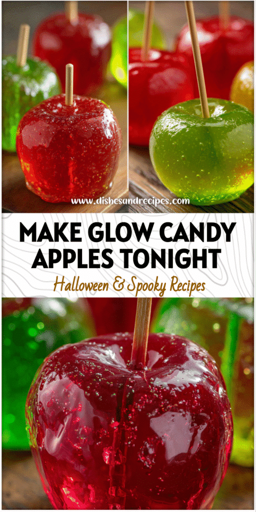 Close-up of glowing Jolly Rancher candied apples on sticks as bright edible Halloween treats for kids.